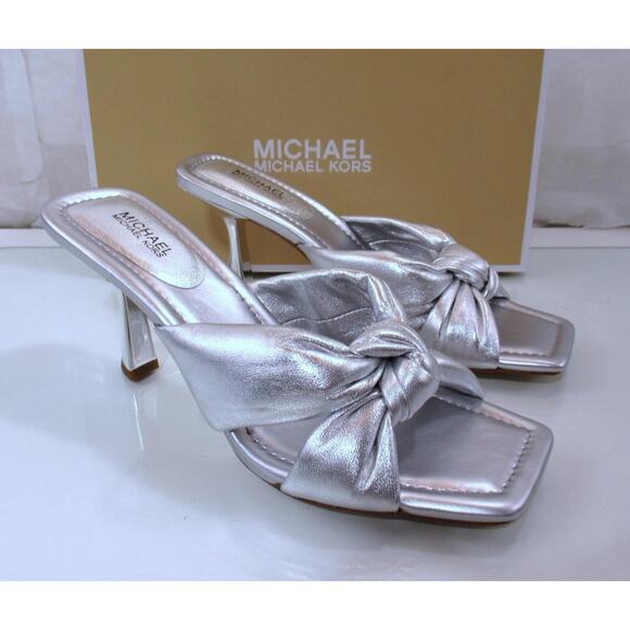 Michael Kors Elena Heeled Slide Sandal Knotted Strap Leather Silver - Picture 4 of 7